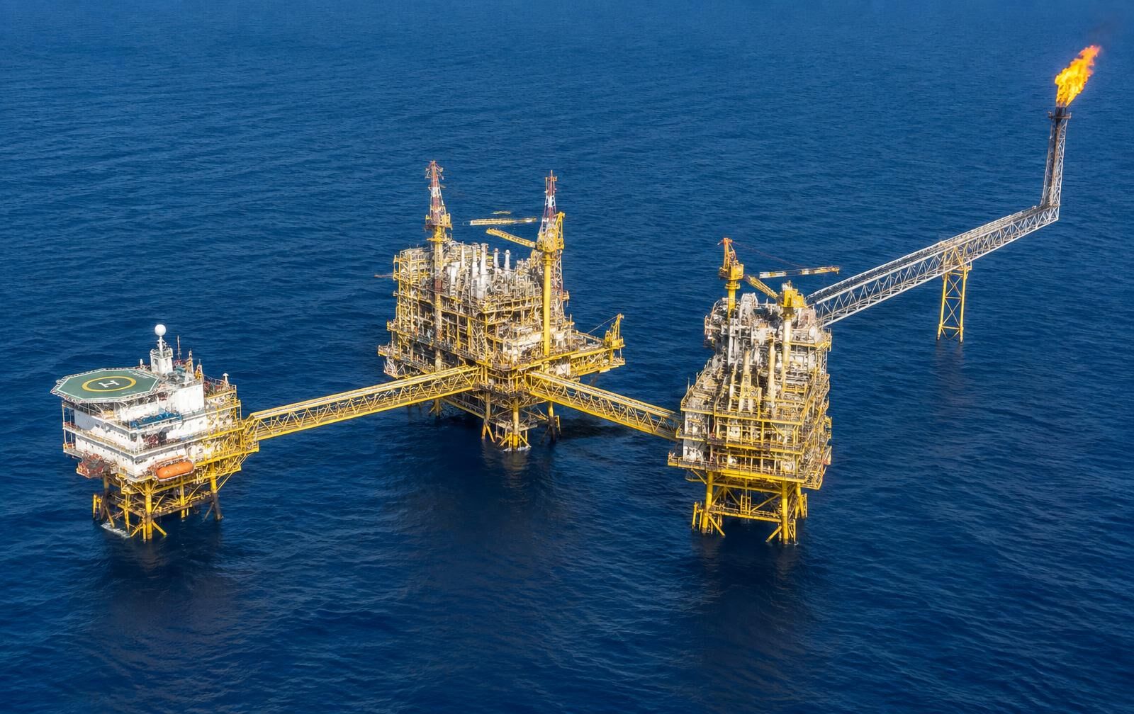 Isolated offshore oil and gas processing facility in open sea